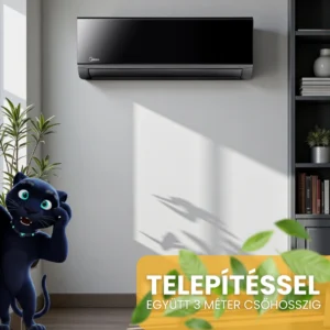 Midea Xtreme Save Black klíma telepítéssel együtt 3 méter csőhosszzig - feketée fali split klíma nappaliban könyvespolc mellett